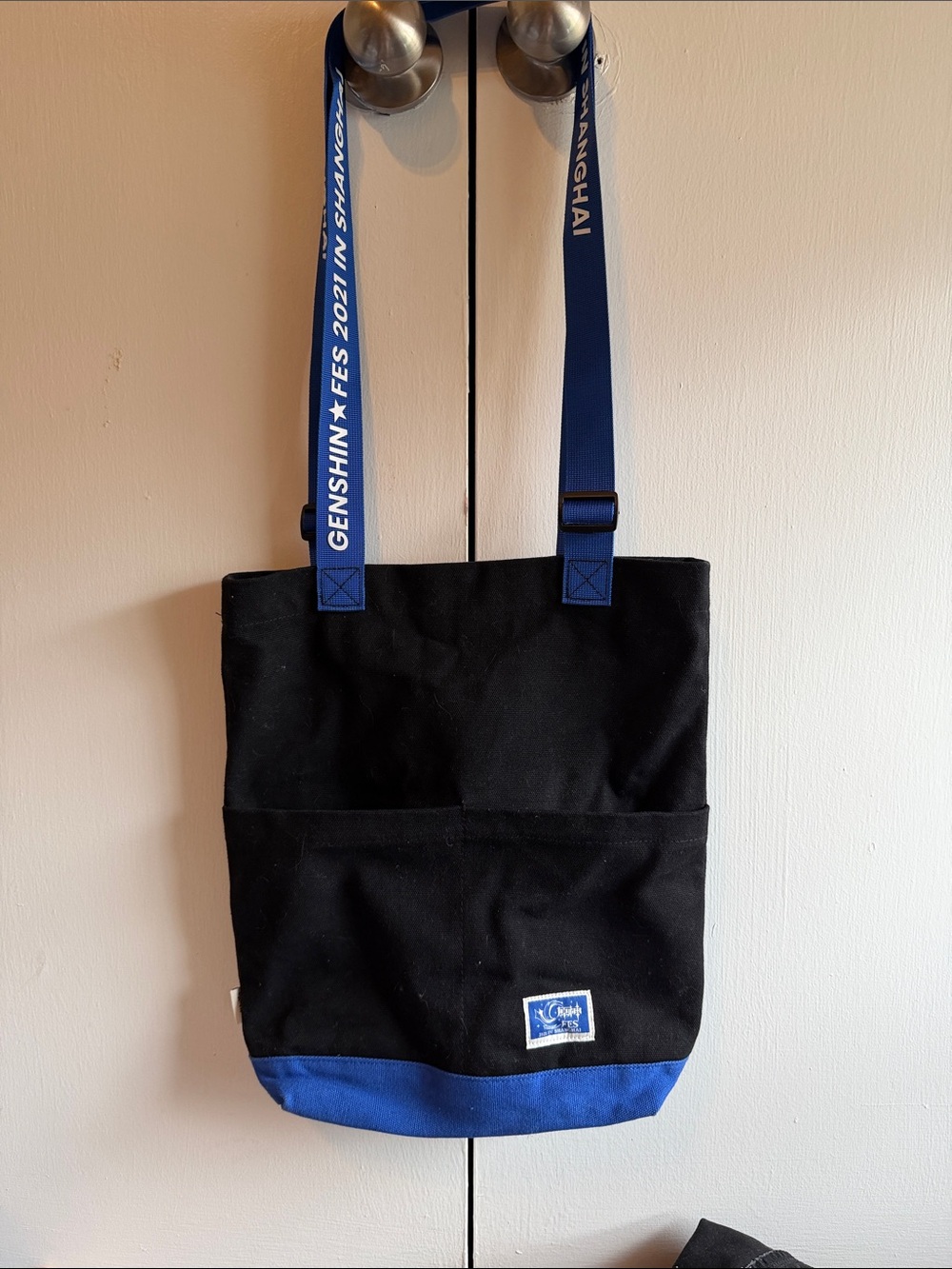 Genshin Shanghai Black and Blue Canvas Tote Bag with Genshin Strap